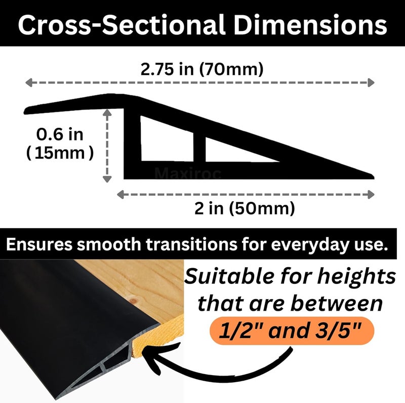 Maxiroc 1/2" to 3/5" Height Threshold Ramp - Rubber Threshold, Floor Transition Strip, Wheelchair Ramp, Door Strip, Carpet to Tile Strip (Black, 80 inches) - Image 2